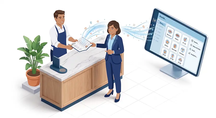 Expert technique analysant le menu et l'infrastructure digitale d'un restaurant avec le client